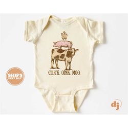 baby onesie - cluck oink moo bodysuit - cute farm animal cow baby retro natural onesie 5706