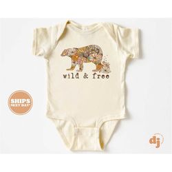 baby onesie - wild and free floral bear baby bodysuit - baby boy retro natural onesie  5702
