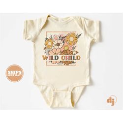 baby onesie - wild child bodysuit - flower retro natural onesie 5699