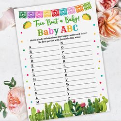 baby abc game taco baby shower, taco bout baby shower game baby abc, alphabetical game taco 'bout a baby shower abc