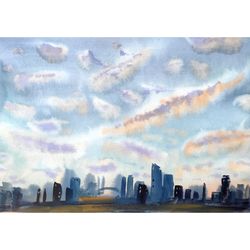 original watercolor painting "blue city"