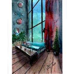 original watercolor painting "new year at home"