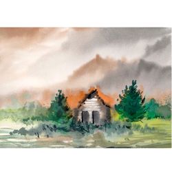 original watercolor painting "house in the mountains a5"