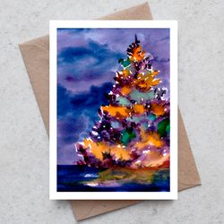 original watercolor painting "christmas tree lights blue violet"