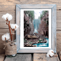 original watercolor painting "landscape 5 miniature. waterfall"
