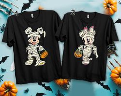 disney mickey mouse minnie mouse mummy with pumpkin basket halloween costume unisex t-shirt