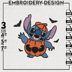 stitch with pumpkin costume embroidery files, horror characters embroidery designs, halloween machine embroidery pattern