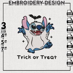 stitch cute ghost embroidery files, trick or treat embroidery designs, halloween machine embroidery pattern