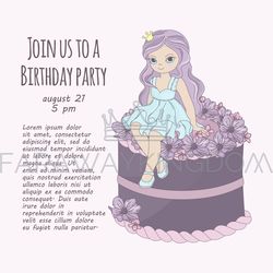 princess cake birthday girl in crown vector illustration set