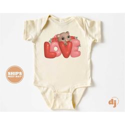 baby onesie - teddy bear love bodysuit - baby retro valentines natural onesie 5504