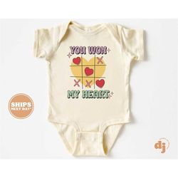 baby onesie - you won my heart bodysuit - baby retro valentines natural onesie 5497