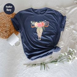 Boho Cow Skull Roses Shirt, Western Boho Shirt, Inspirational Shirt, Gift for Mom, Texans Shirt, Country Shirt, Farm lif