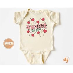 baby onesie - sweet on you heart lollipop bodysuit - baby retro valentines natural onesie 5496