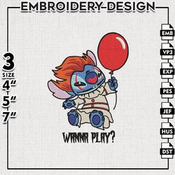 stitch in pennywise embroidery files, horror characters embroidery designs, halloween machine embroidery pattern