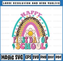 happy first day of the school retro svg, first day of school rainbow leopard png, back to school png, digital download