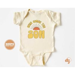 here come the son baby onesie - vintage newborn bodysuit - cute baby boy natural onesie 5204