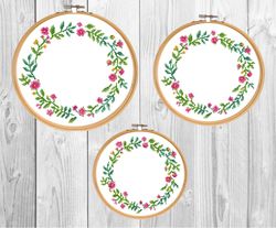 floral border cross stitch pattern pdf/ round flower needlepoint counted chart/ circle botanical wreath xstitch/ modern