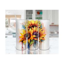 sunflower tumbler design, watercolor, sublimation design for 20 oz skinny tumbler | seamless wrap, high res | instant di