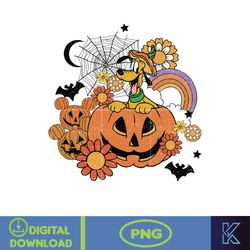 retro halloween floral png, retro halloween png, mouse and friend png, groovy halloween png, spooky png