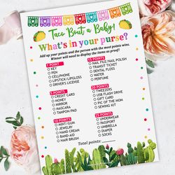 what's in your purse taco baby shower game, taco bout baby shower what is in your purse game taco bout a baby shower