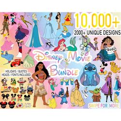 10000 princess svg bundle layered cricut files, encanto, frozen, moana, ariel, elsa, stitch, toy story, tangled, pooh pn