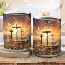 sunset painting, path to heaven, the three crosses, jesus mugs, christian coffee mugs, heaven mugs, merry christmas gift