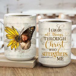 sunflower, yellow butterfly, jesus and the lamb, jesus mugs, christian coffee mugs, heaven mugs, merry christmas gift