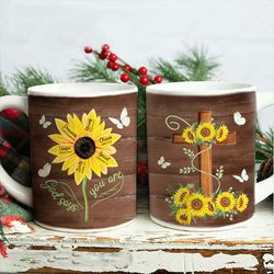 sunflower painting, wooden background, god says you are, christian coffee mugs, jesus mugs, merry christmas gift