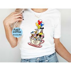 disney mickey and friends tea cup shirt, disney characters tea cup shirt, disney mickey balloon shirt, disney family bal