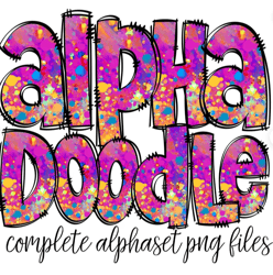 rainbow splatter doodle letters, hand drawn doodle alpha bundle patterned numbers & alphabet doodle set sublimation font