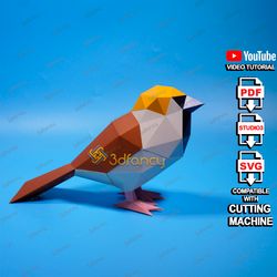 papercraft bird sparrow pdf, svg template for cricut projects, 3d low poly sparrow, diy paper craft bird origami