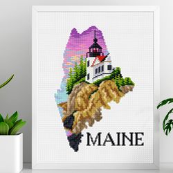 silhouette maine cross stitch pattern, us states cross stitch, lake cross stitch, sunset cross stitch, digital pdf