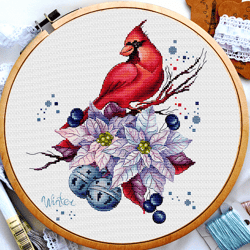 christmas cardinal cross stitch, birds cross stitch, poinsettia cross stitch, flowers cross stitch, digital pdf