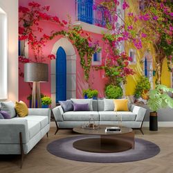 mural wallpaper | pink and yellow building