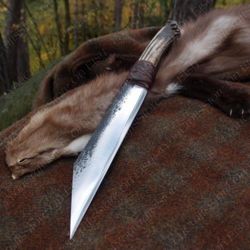 handmade vintage viking seax knife with vrown antler handle