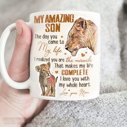 mom to son coffee mugs, lion drawing, animal painting, i love you with my whole heart - family mug, merry christmas gift