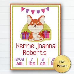 corgi birth announcement cross stitch pattern, personalized baby nursery decor. baby shower, bab