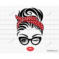 messy bun bandana svg, mom with bandana and glasses svg, girl bandana svg, girl with lashes svg, messy bun svg