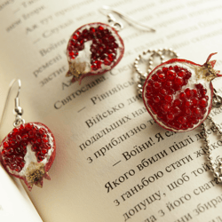 pomegranate earrings pendant set, persephone jewelry, dangle earrings to daughter, greek mythology golden fruit charm