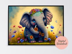 baby elephant wall art, enhance your home decor with cartoon style digital art prints, digital download