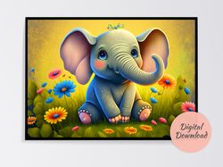 baby elephant wall art, enhance your home decor with cartoon style digital art prints, digital download