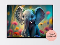 baby elephant wall art, enhance your home decor with cartoon style digital art prints, digital download