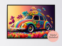 flowers car wall art, brighten your space with colorful digital art prints, printable wall art, digital download