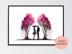 romantic couple colorful painting printable wall art, minimalist wall art, digital art download