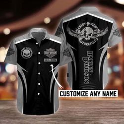 harley davidson winged skull button shirt design 3d full printed sizes custom name s - 5xl
