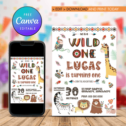 wild one tribal woodland first birthday party invitation canva editable instant download