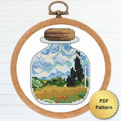 sea bottle with wheat field with cypresses by vincent van gogh cross stitch pattern. miniature art, easy tiny