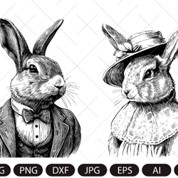 bunny clipart svg, a pair of rabbits in clothes, dapper bunny, lady bunny, mr. and mrs. bunnies, easter bunnies, junk jo