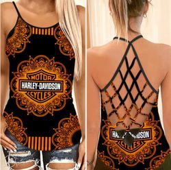 harley davidson criss cross open back camisole tank top design 3d size s - 3xl