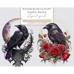 raven clip art, halloween clip art, gothic clip art, gothic raven clip art, watercolor raven clip art